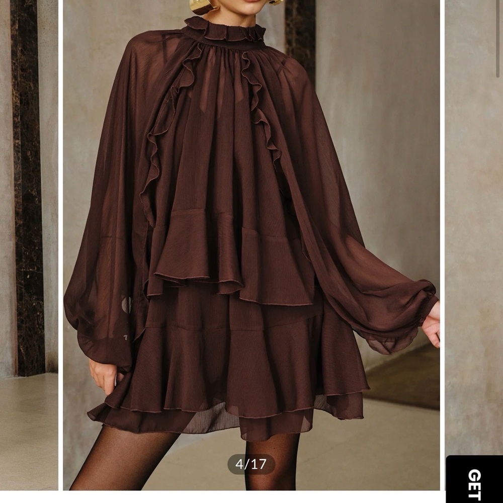 Commense Brown chiffon ruffle mini dress